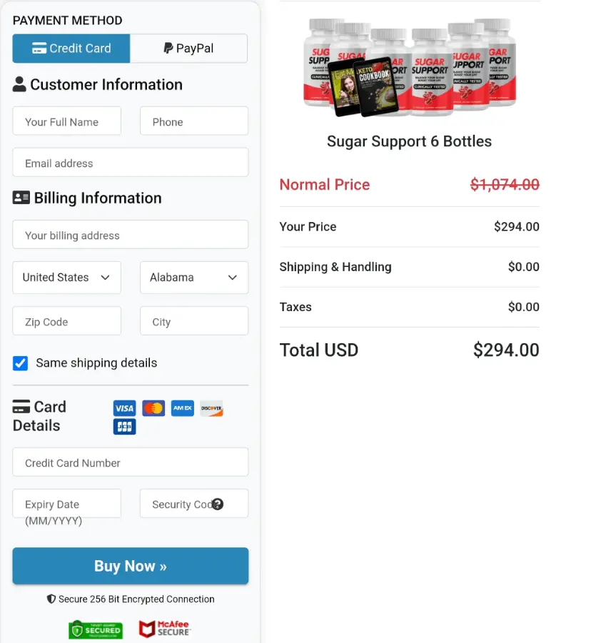 sugar support Checkout Page